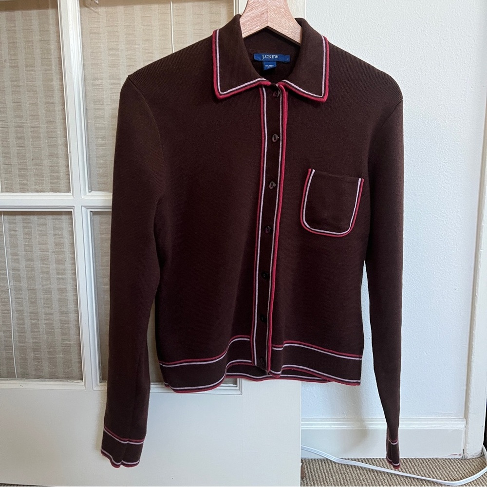 Vintage J. Crew Brown Button Down Wool Cardigan with Pink Trim